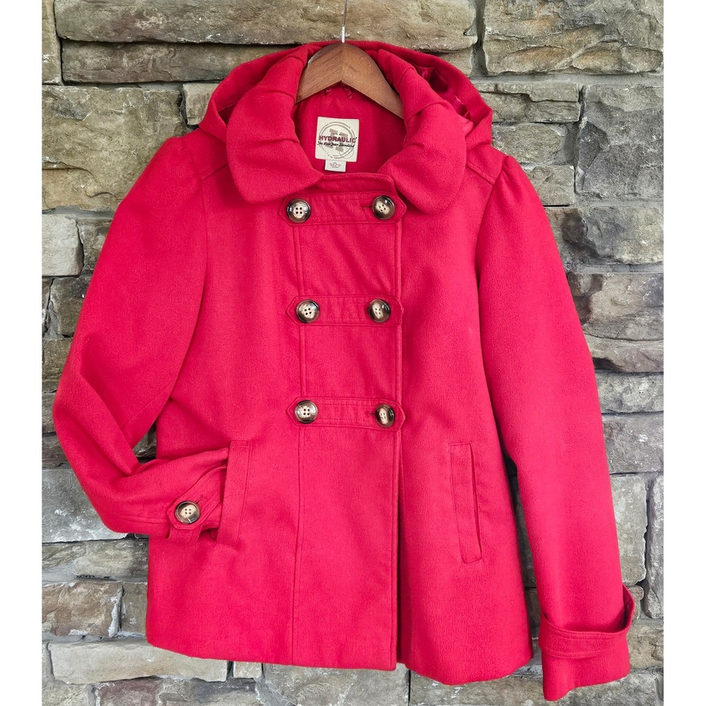 Y2K Cozy Core Mall Goth Red Hooded Pea Coat Double Breasted Fleece Jacket M